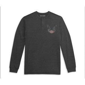 Harley Davidson Mens Long Sleeve Henley Shirt Charcoal‎ Gray Eagle Wings 2XL